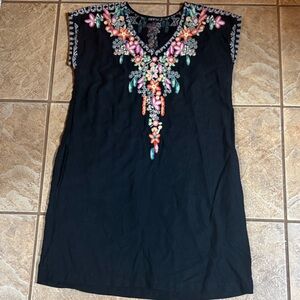 Embroidered V-Neck Black Tunic with Multicolor Floral Detail